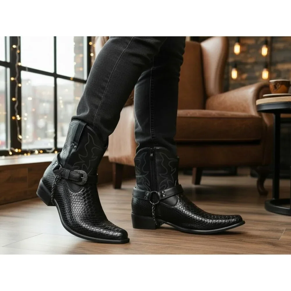 Men's Black Belt Buckle Chain Strap Western Cowboy Boot